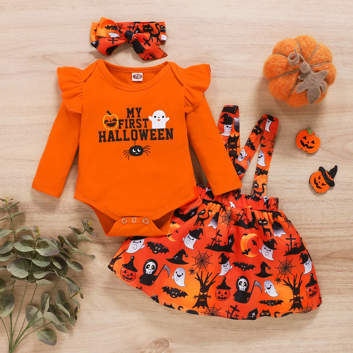 Baby Girls Solid Color Letter Printed Top + Halloween ghost Printed Sling Skirt