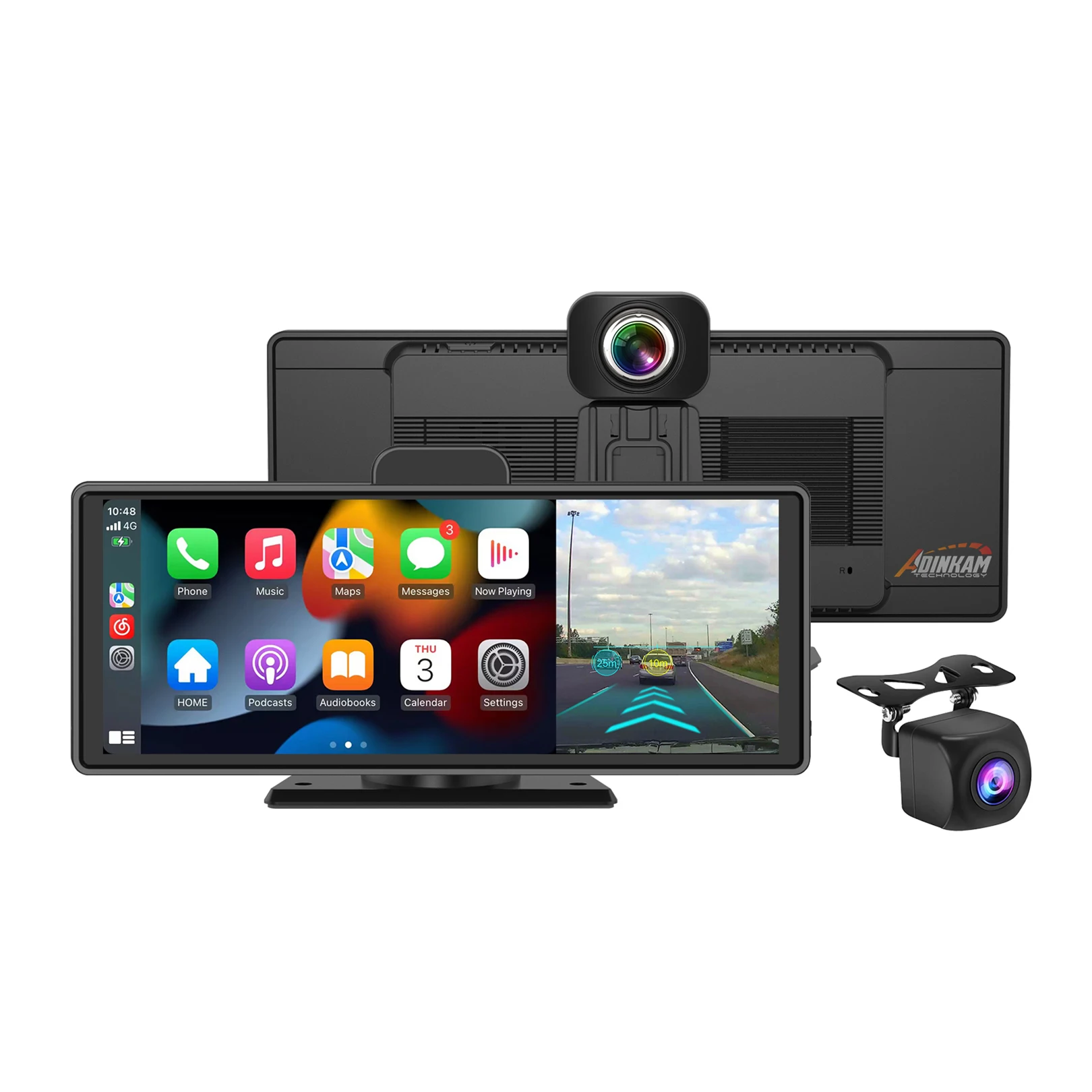 10.26 Inch UHD 4K 3840*2160P Dash Cam ADINKAM Carplay & Android Auto Car Dashboard 5G WIFI ADAS Car DVR with 1080P Rear Camera