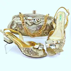 AB8644 Nigeria Gold Latest low heeled shoes Italian Shoes And Bags Set for weeding party