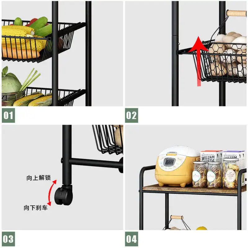 Kitchen 3 Layer Wrought Iron Storage Rack Living Room Storage Trolley Removable Metal Storage Rack With Wheels