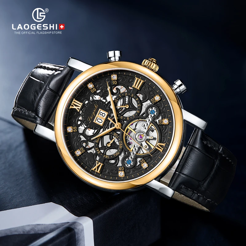 Customizable Dial Business Watches Men Wrist Self Winding Automatic Mechanical Watches Auto Date Black Leather Watch