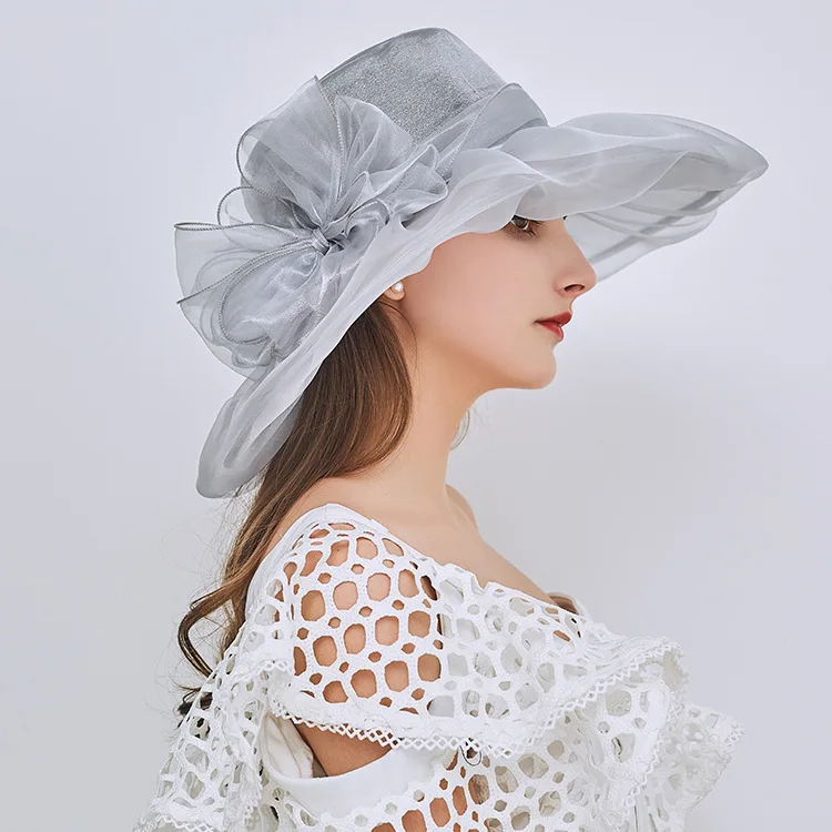 Lady Organza Floral Wide Brim Hat Church Party For Women Wedding Hats Millinery