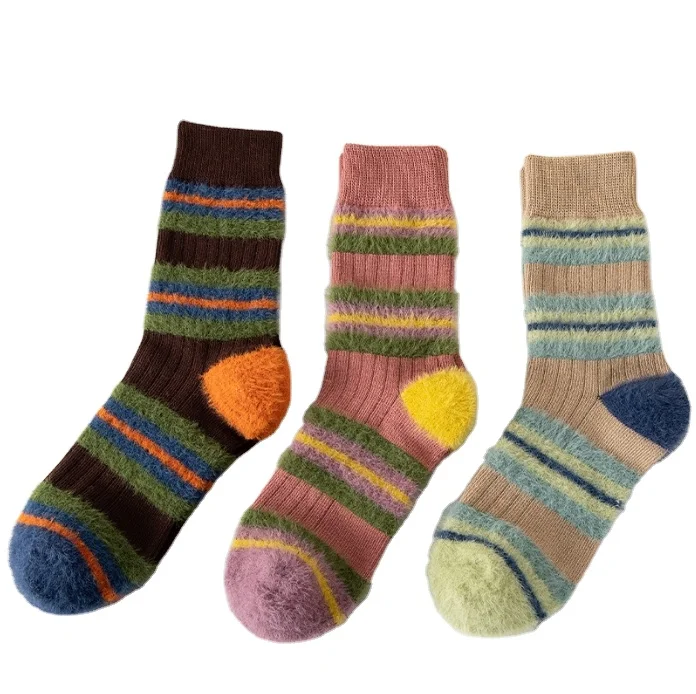 WUYANG FACTORY New design Color Mink Hair Thick Lines Matching Socks Winter Warm Mid-Tube Socks Fuzzy Socks Warm