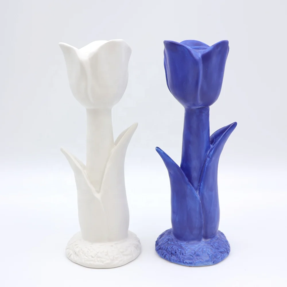 Custom wholesale high-end handmade colorful matter glazed ceramic tulip taper candle stand ceramic floral candlestick holder