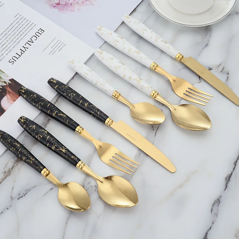 Stainless steel Steak knives wedding cake knife and server Gold PP plastic handle 5pcs cutlery