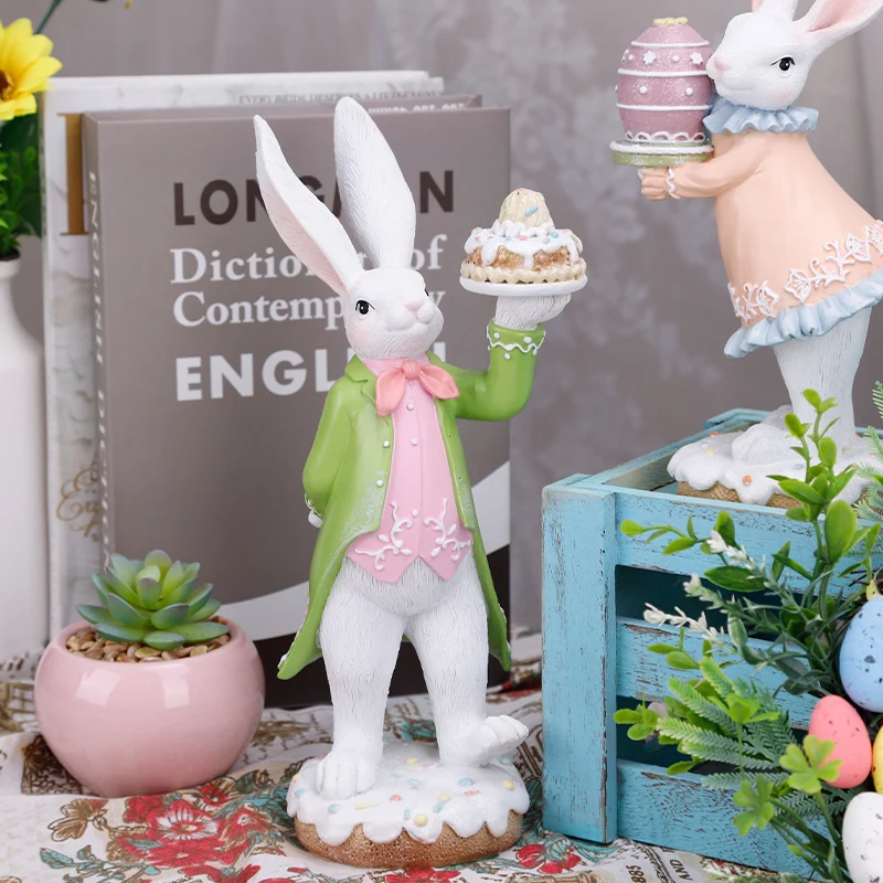 Redeco Hot Sale Spring Desktop Decorations Pink Cute Easter Bunny Figurine Resin Cartoon Rabbit Sculpture