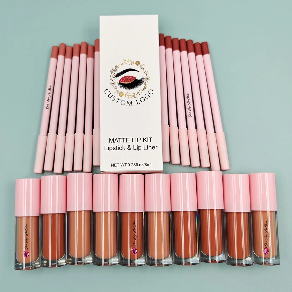 2024 new arrival luxury private label own logo matte lip gloss lip liner set,private label makeup liquid lipgloss lipstick kit
