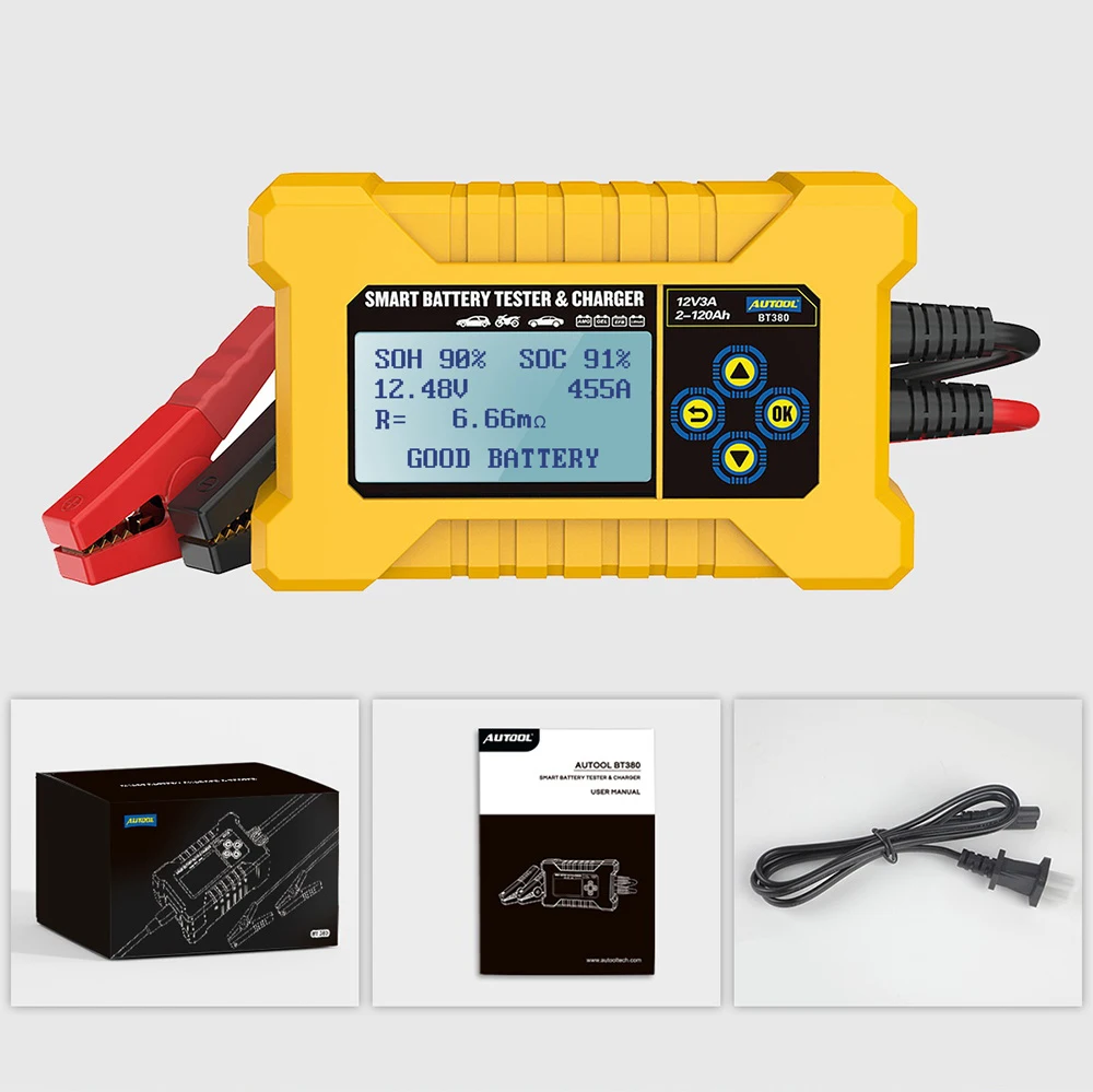 AUTOOL BT380 12V Car Battery Tester Pulse Repair 3A Battery Charger Power Bank Wet Dry AGM Gel Lead Acid Repair Tool PK KW510