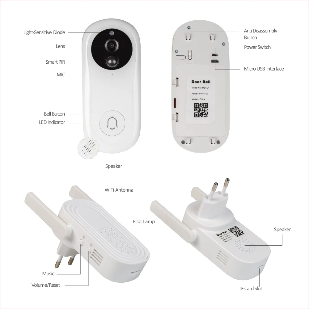 Wireless Wifi Smart Video Doorbell With 1080P HD Camera Video Door Phone With Chime Intercom Door Security Bell
