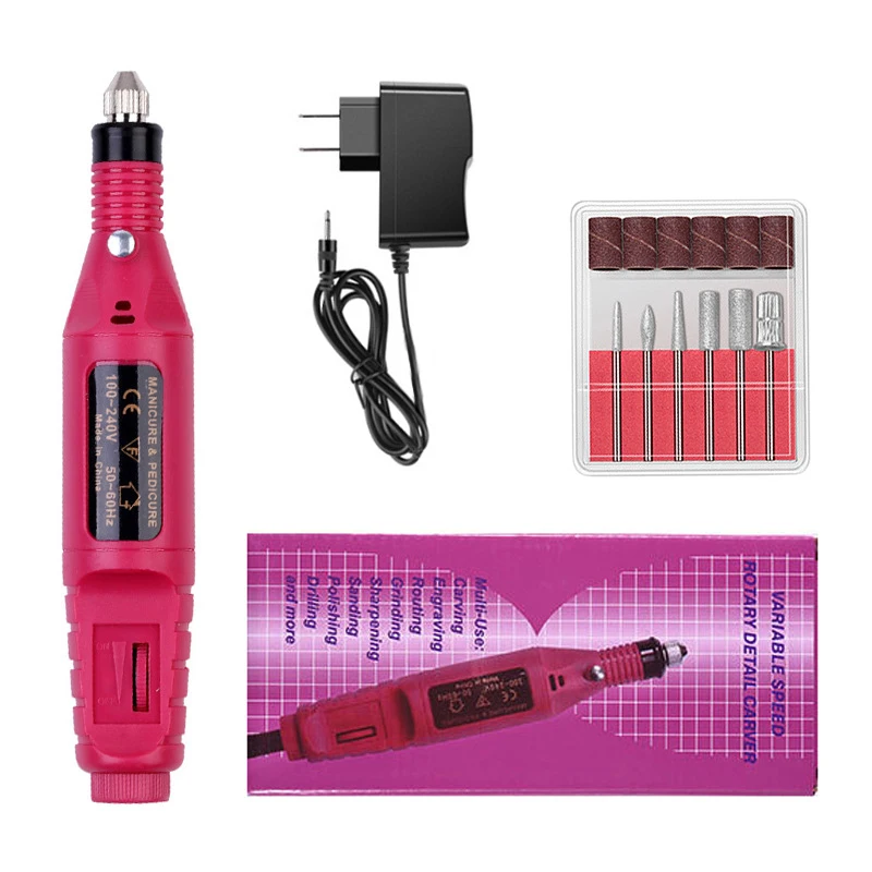 5 Colors Portable Handpiece File Grinder for Home Salon US Plug Electric Nail Drill Machine Set with 6Pcs Drill Bits