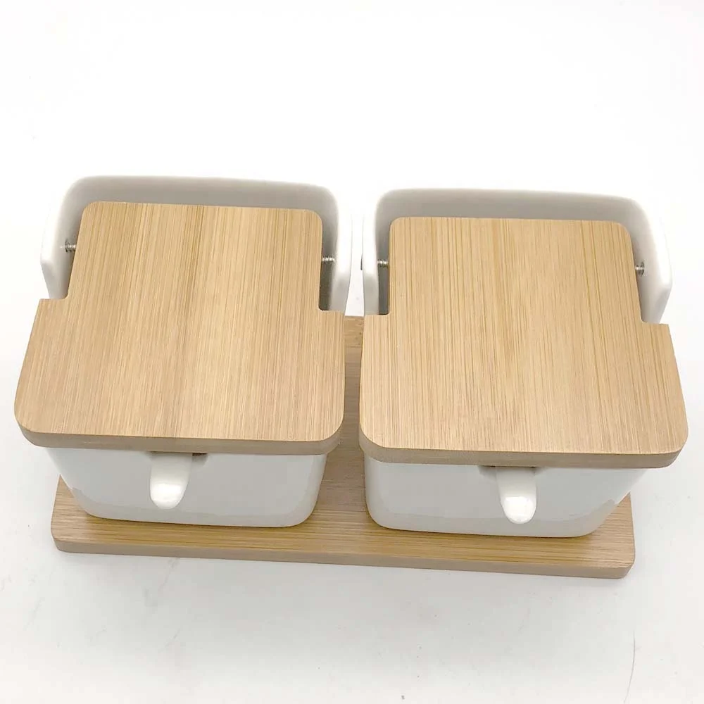 
Wholesale Ceramic Condiment Jar Spice Salt Container With Bamboo Lid and Tray 