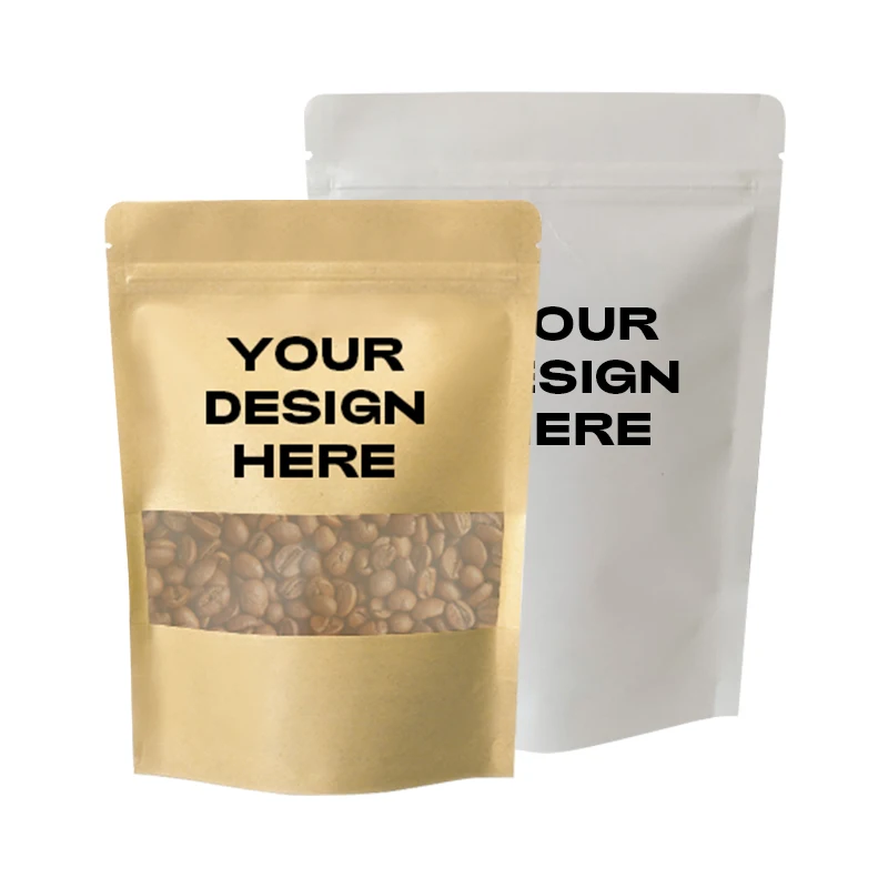 Best selling zipper stand up brown white kraft paper bag with window for food