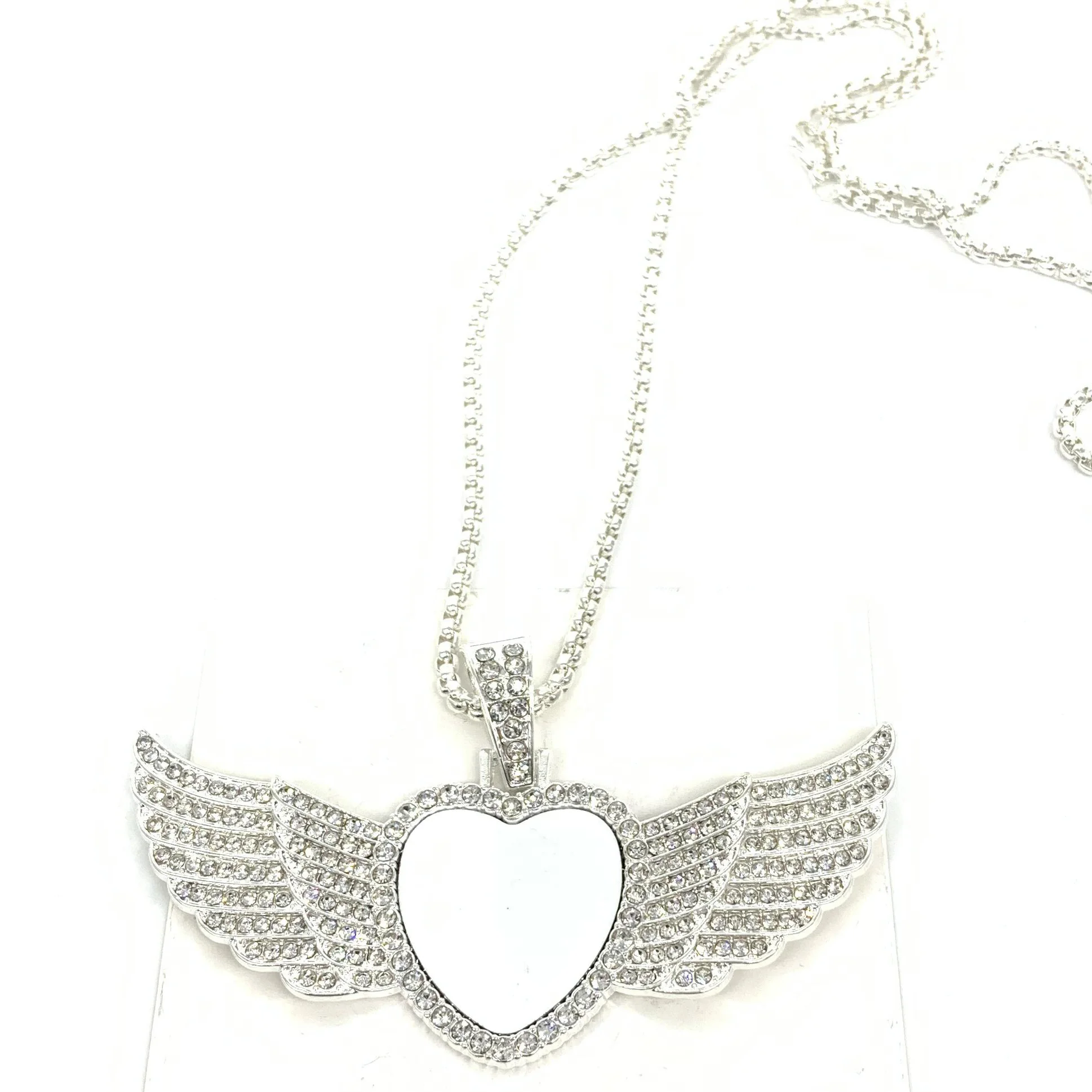 
Custom Valentine Gift Sublimation Blank Necklace Angel Wing Heart Pendants Bling Diamond Rope Chains 