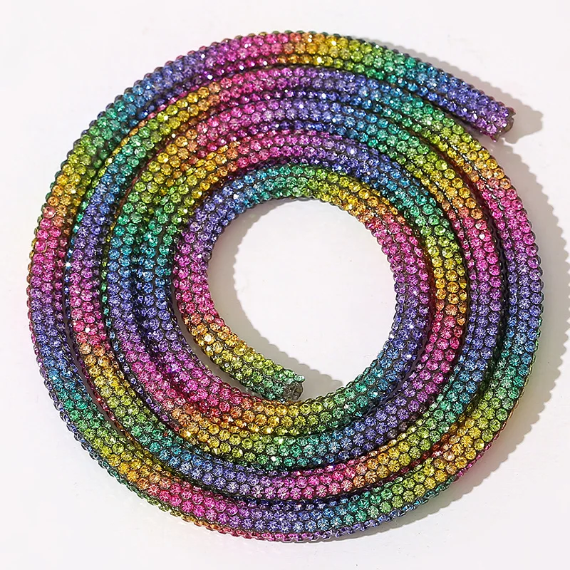 Rainbow Rhinestone High Quality Bling  Custom Size Rhinestone Tube Shoelace  Round Glass Diamond Rhinestone Glue Rope For Hoodie