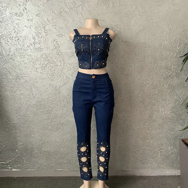 Женский Джинсовый укороченный комплект из 3 предметов с вышитым бисером логотипом на заказ