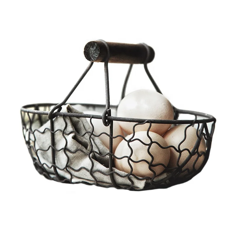 Vintage Iron Wire Egg Dispenser Large Metal Fruit Container Vegetable Storage Basket Wooden Handle Kitchen Restaurant Supplies
