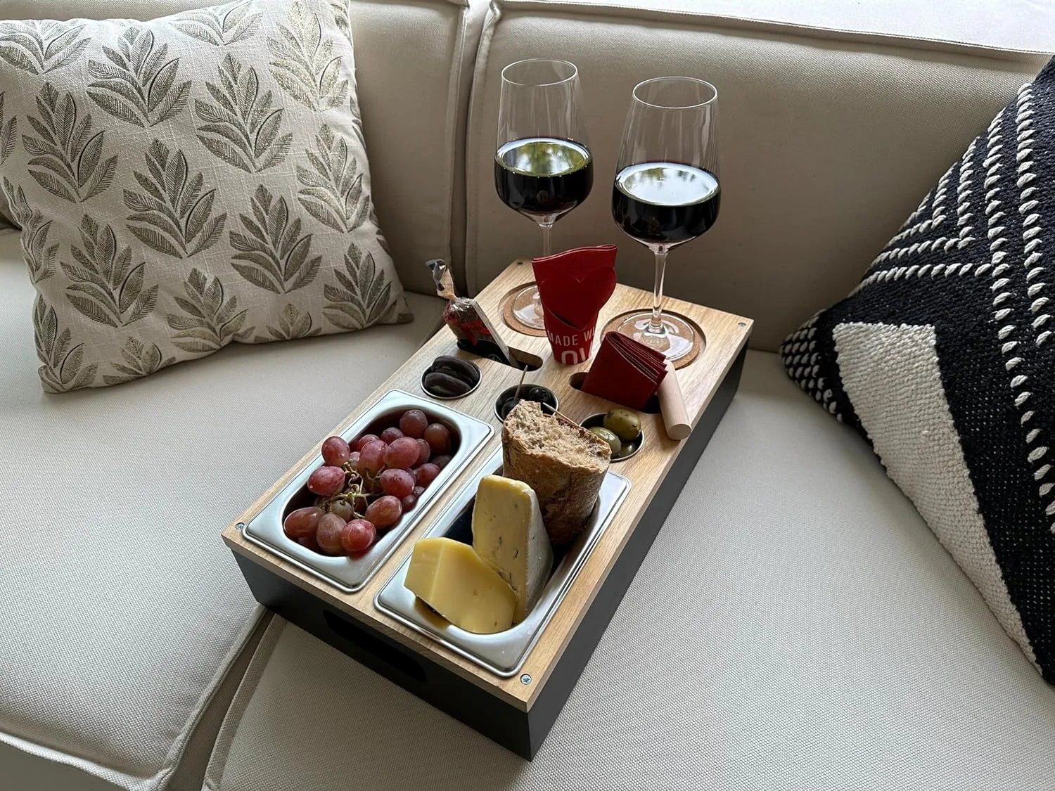 Couch Bar with 2 Snack Bowls, 3 Dip Bowls, 2 Coasters & Bottle Opener Organiser Bottle Holder Sofa Butler Serving Tray Sofa Tray