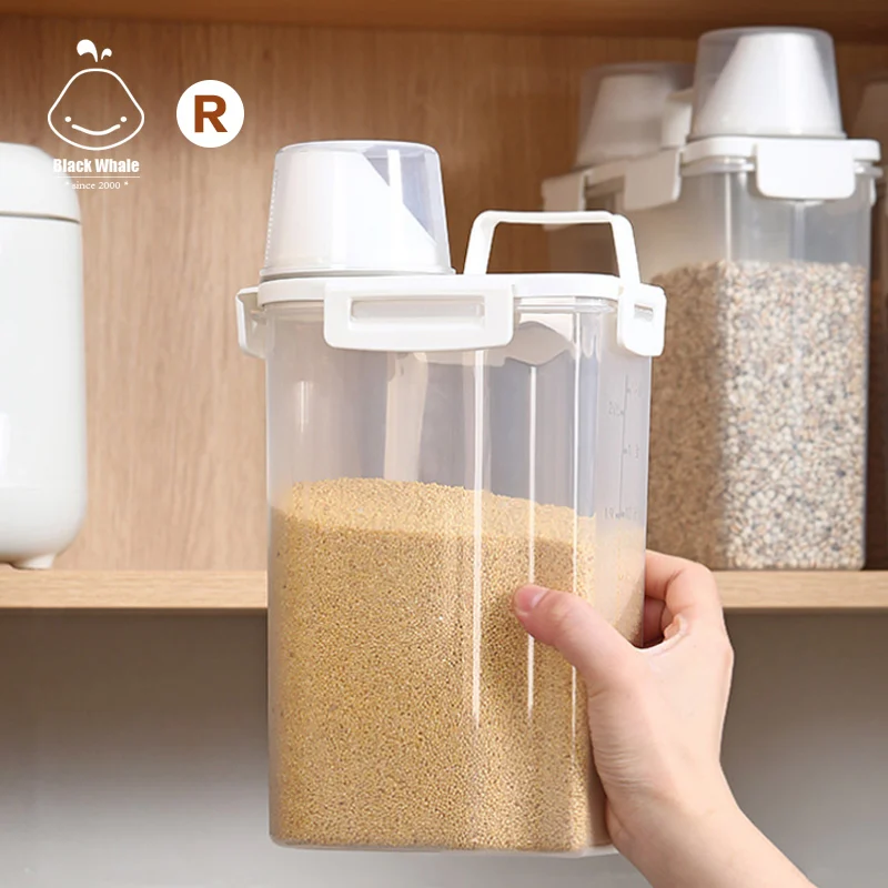 Plastic Storage tank Rice Flour and Oatmeal container with measuring cup also can be Pet Food Storage Container