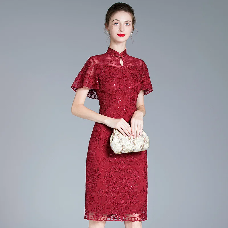 Best Quality High End Formal High Split Red Cheongsam Evening Party Dresses