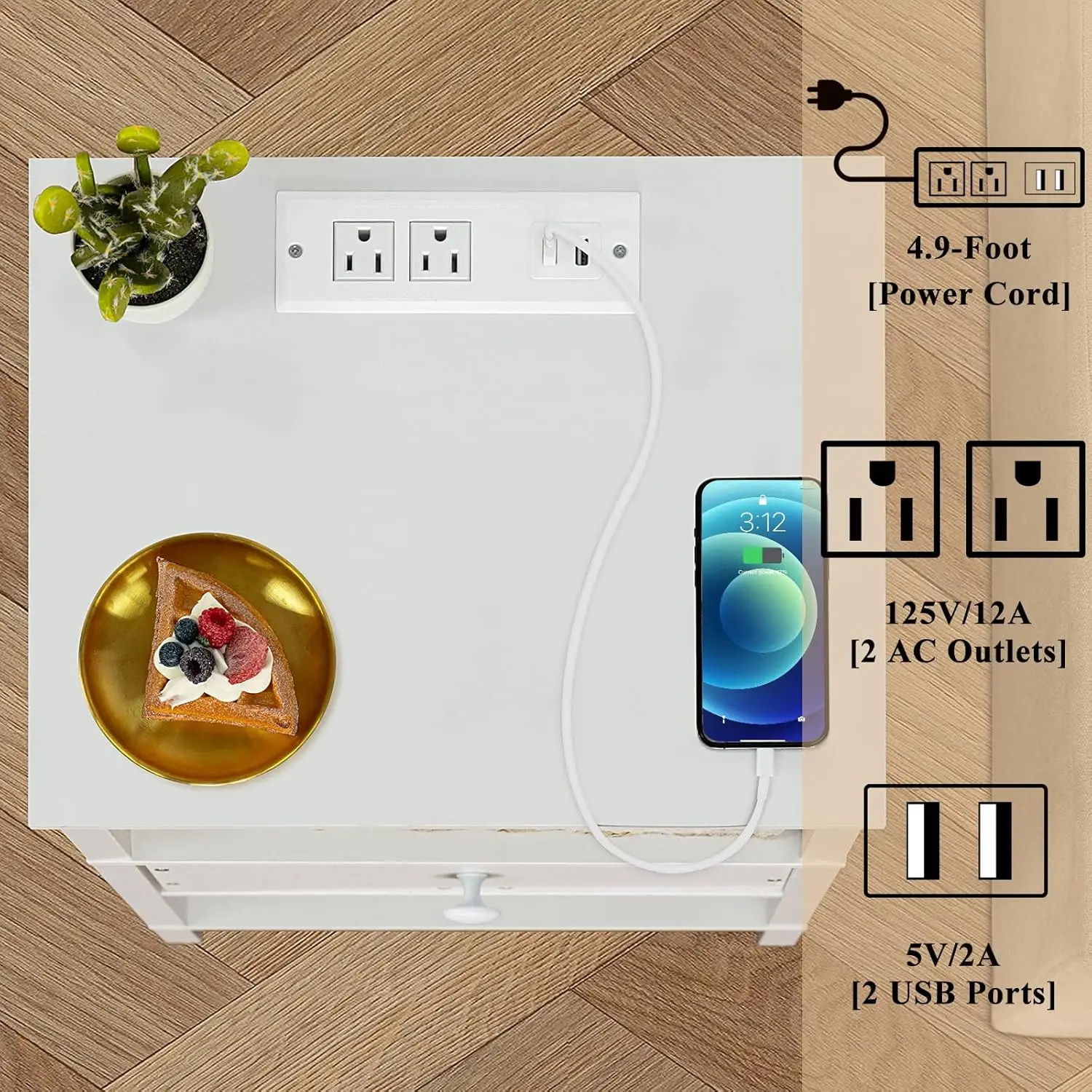 Living Room Bedroom White 3 Tier Storage End Table Drawer Shelf Night Stand Small Spaces Wood Bedside Table Nightstand