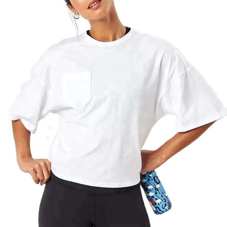 Wholesale oversized plain tee shirts for ladies custom gym workout tops with chest pocket women t shirt