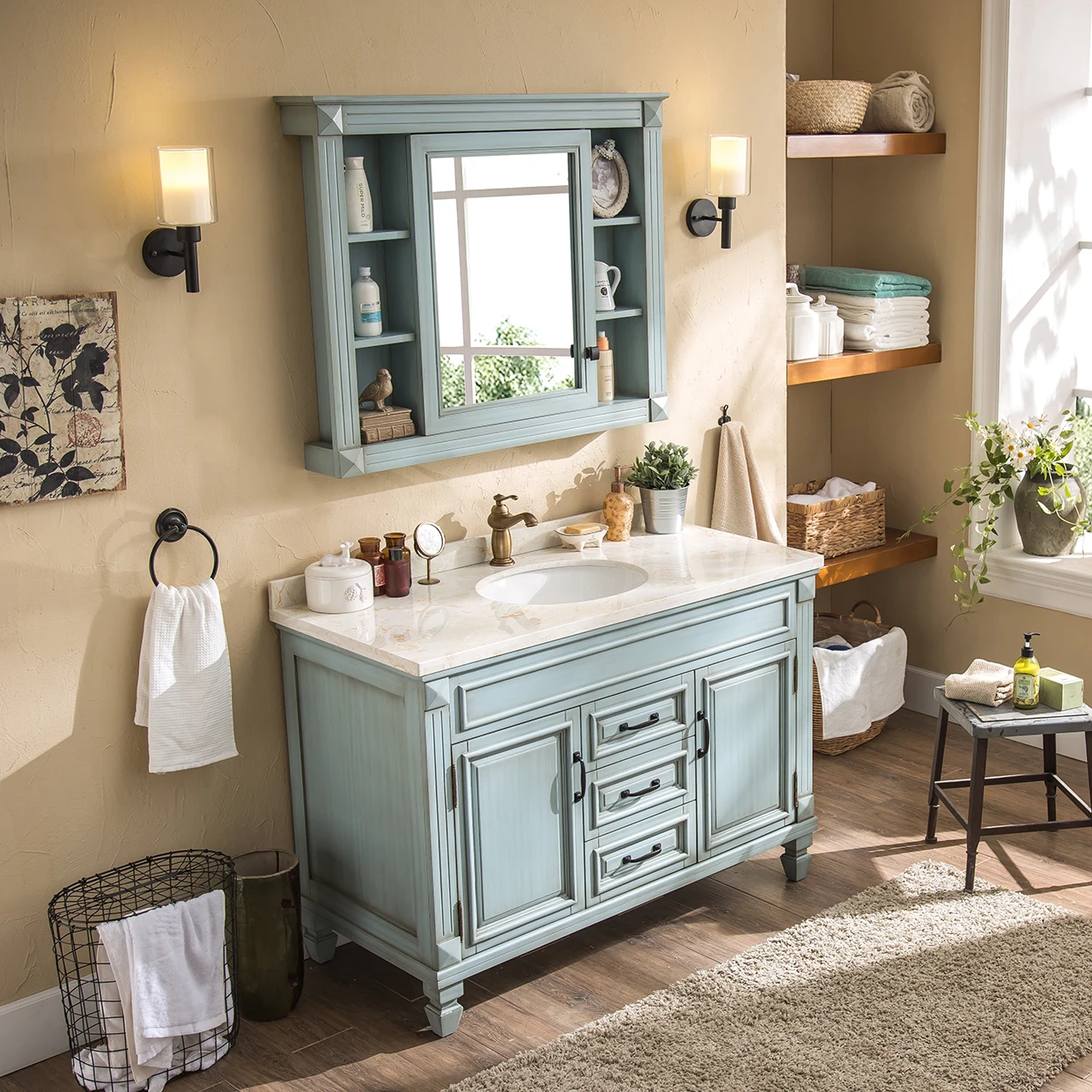 Floating Vanity Modern American Style Oak Wood Floor Standing Bathroom Vanity Furniture Sets Bathroom Cabinet With Mirror