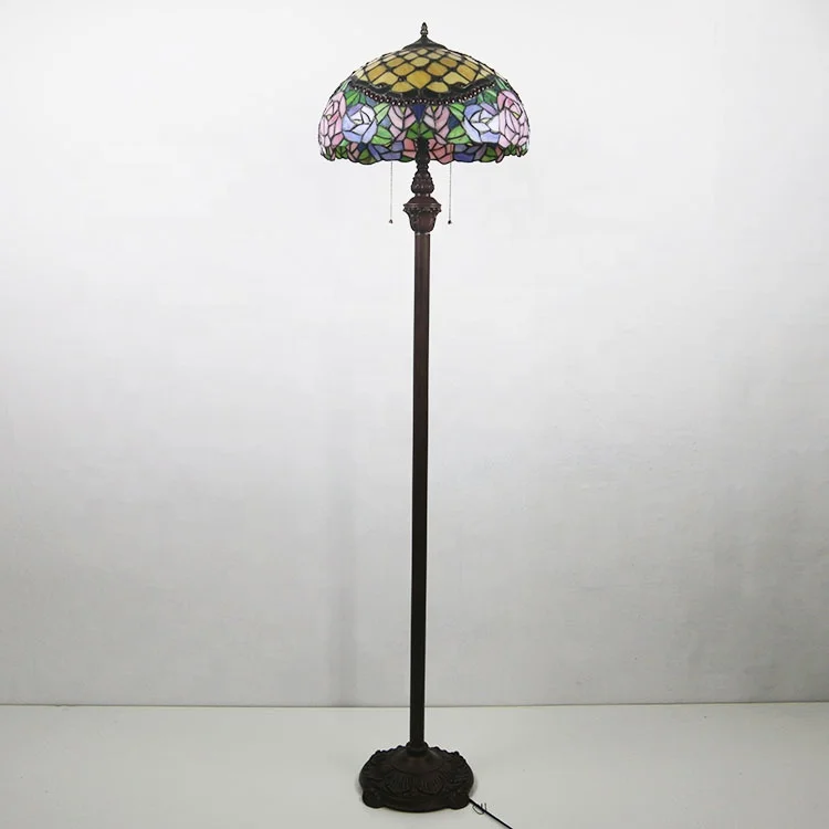 LongHuiJing 16Inch Tiffany Peony Blossom Floor Light Handcrafted Pink Orange Glass Lamp Shades Single Bronze Night Lamp