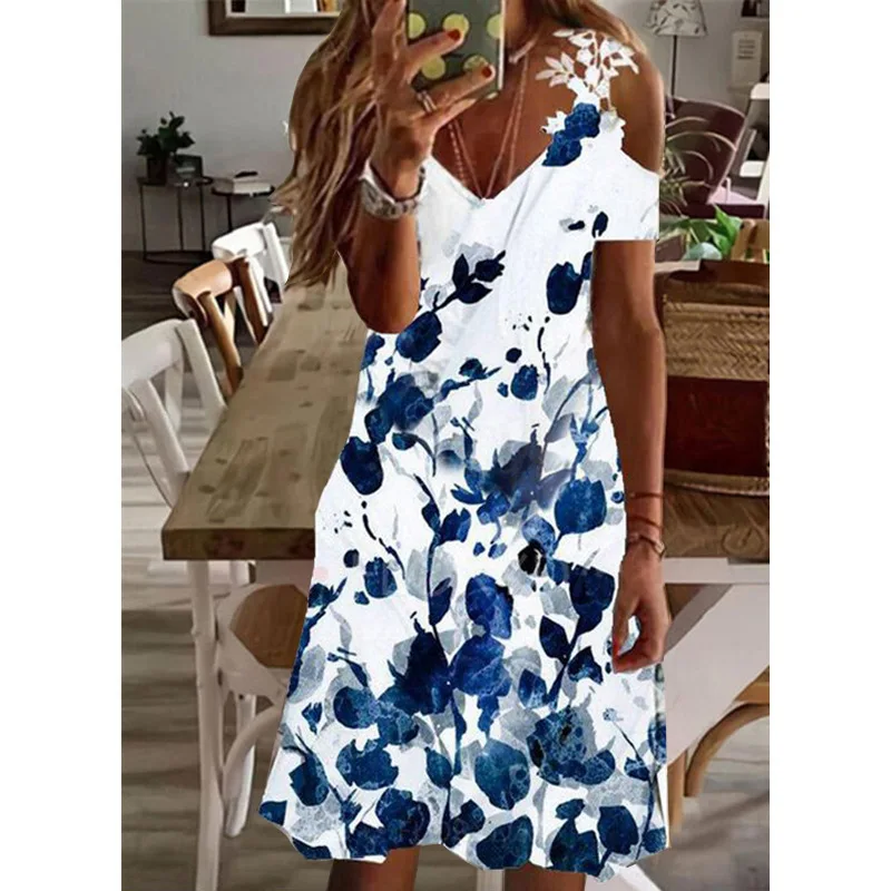 MOTE-ZC461 Wholesale Summer Short Sleeve Knee Length Lace Womens Casual Off The Shoulder Dresses v Neck Flower Print Dress