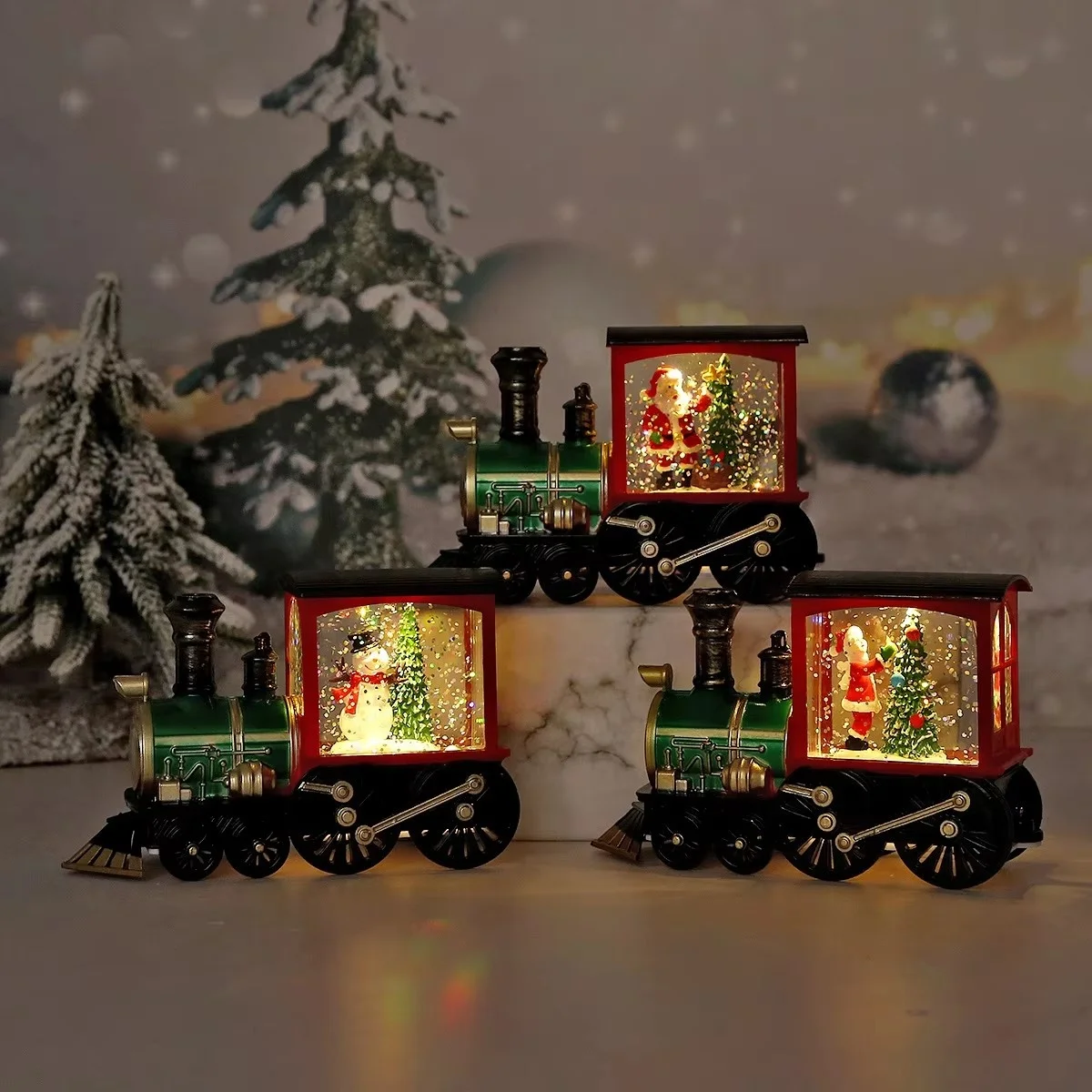 YUYANG Swirling Glitter resin Santa Scene Lighted Train Water Lantern Christmas snow globe CHRISTMAS DECORATION 2024