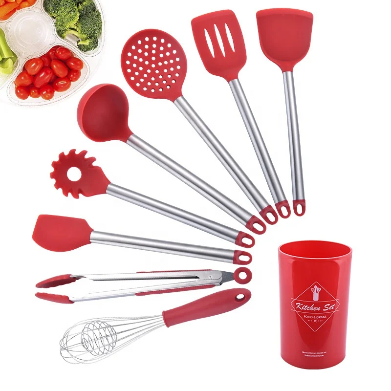 
8pcs Silicone Cooking Kitchen Set, Stainless Steel Handles Cooking Tool BPA Free Non Toxic Silicone Turner Tongs Spatula 