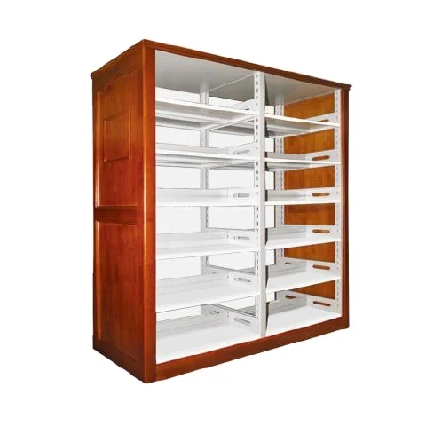 
Professional manufacture cheap double column double side steel wood oak backplate book shelf 