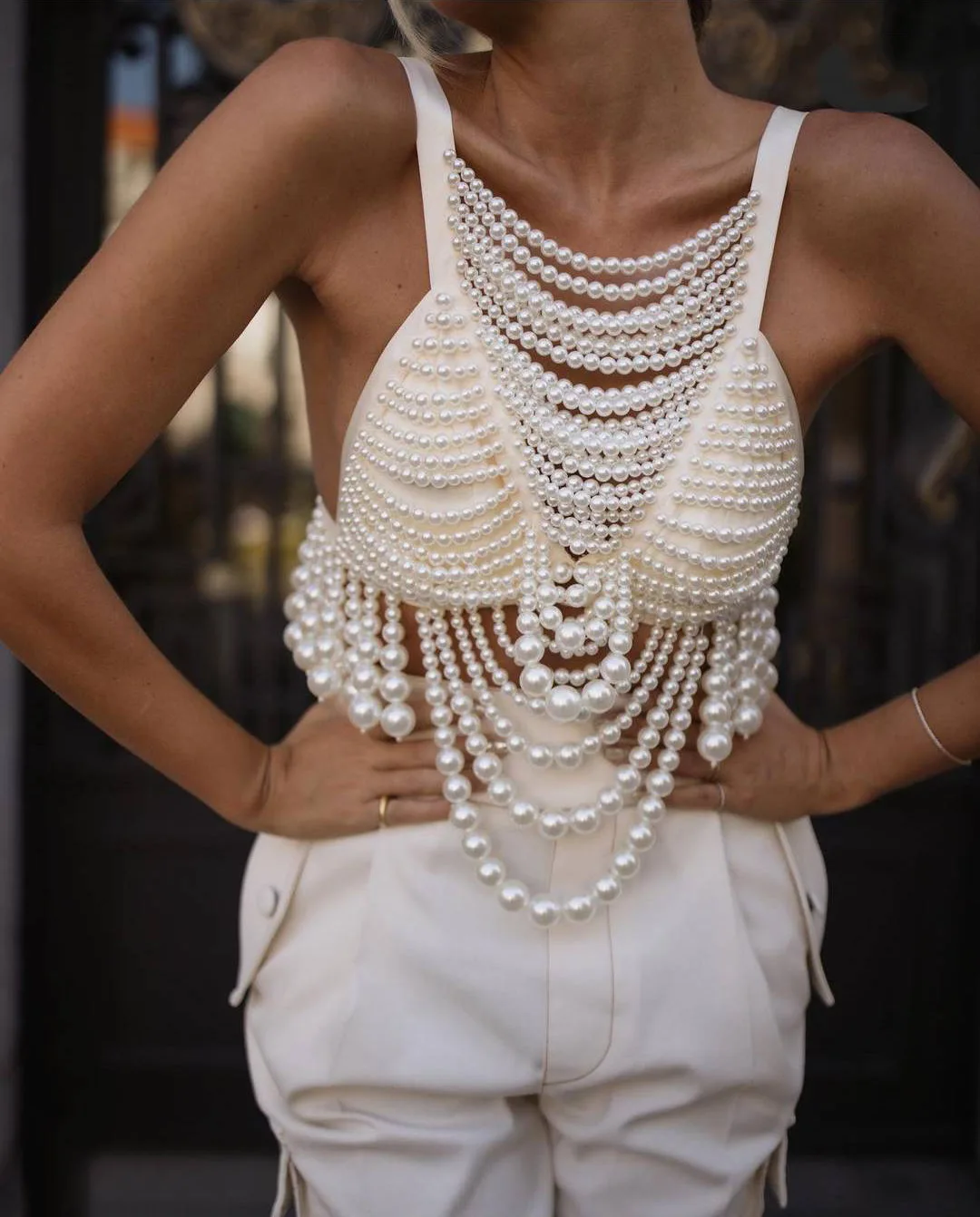 Ocstrade Fashion White Pearl Body Jewelry Chain Strap Pearl Vest Sexy Handmade Body Chain Jewelry For Women Crop Top