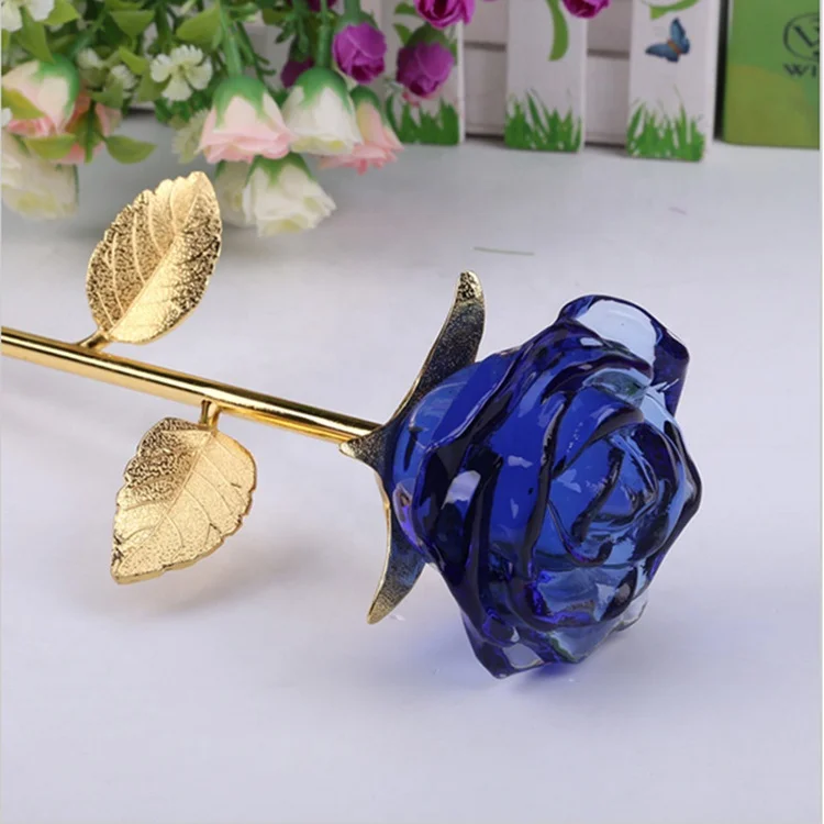 MH-H0123 Beautiful Hot Sale Crystal Rose Flower Gold Stem Bomboniere Crystal Gift Souvenir Crystal Rose For Gifts&&wedding