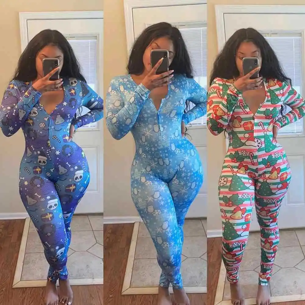 Sexy Women Print Bodysuit Bodycon Sleepwear Jumpsuit Shorts Romper Leotard Long Sleeve Onesie Pajama Adult with Long Pants
