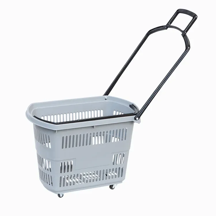Hot Products Cheap Supermarket Pull Handle Plastic Shopping Basket With Wheels
