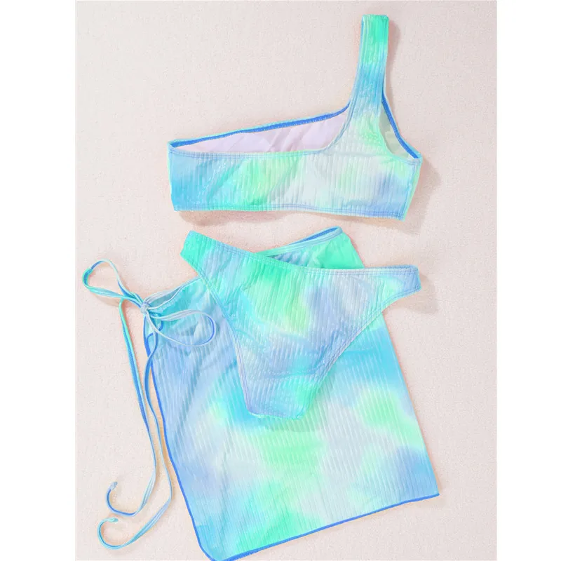 Wholesale Europe America Women Tie-dye Printed Ribbed Velvet One Shoulder Cover Up 3 Pieces Swimwear Set Sexy Bikini Bathe Suits