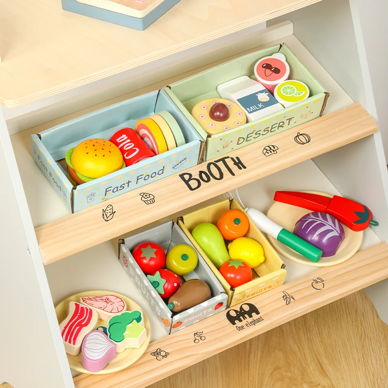 2023 new children play home wooden simulation toys convenience store fruit and vegetable checkstand for kids