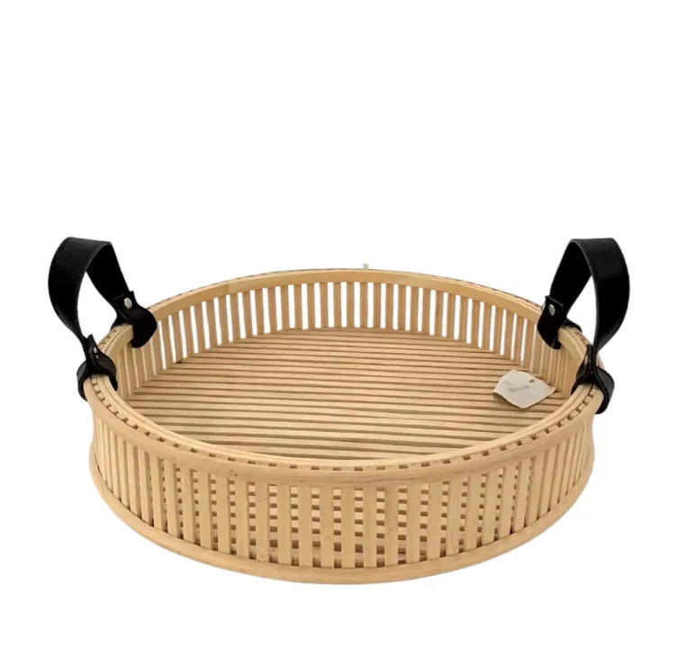 New Home Decor Craft Bamboo Basket Wooden Storage Wicker Tray With Leather Handle