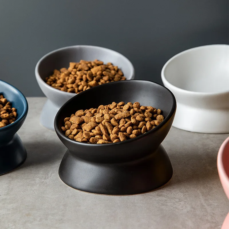 2023 New Ceramic Cat Dog Bowl Diagonal High Foot Neck Protection Dog Cat Food Bowl Pet Supplies