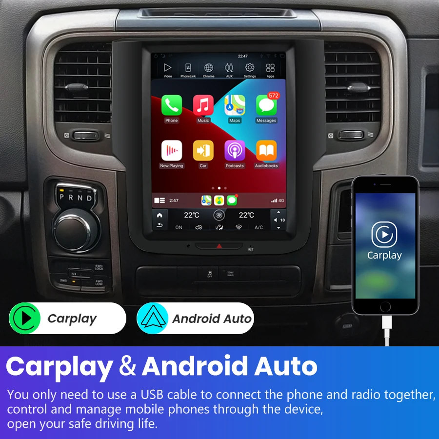 Junsun for Dodge Ram 1500 2500 3500 2014-2018 12.1 Inch Tesla-Style GPS Navigation Carplay Auto Android Head Unit Media Player