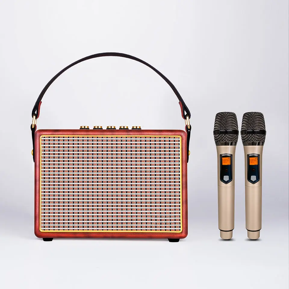 100W Elegant Wireless Karaoke Speaker Wooden Retro Vintage audio PU leather speakers Smart Radio AM FM Radio Speaker GHD-240