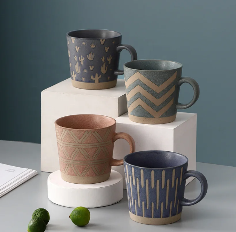12oz Nordic Retro Vintage Custom Creative Ceramic Cream Coffee Mug Mugs Cute Cup Sustainable HANDGRIP Custom