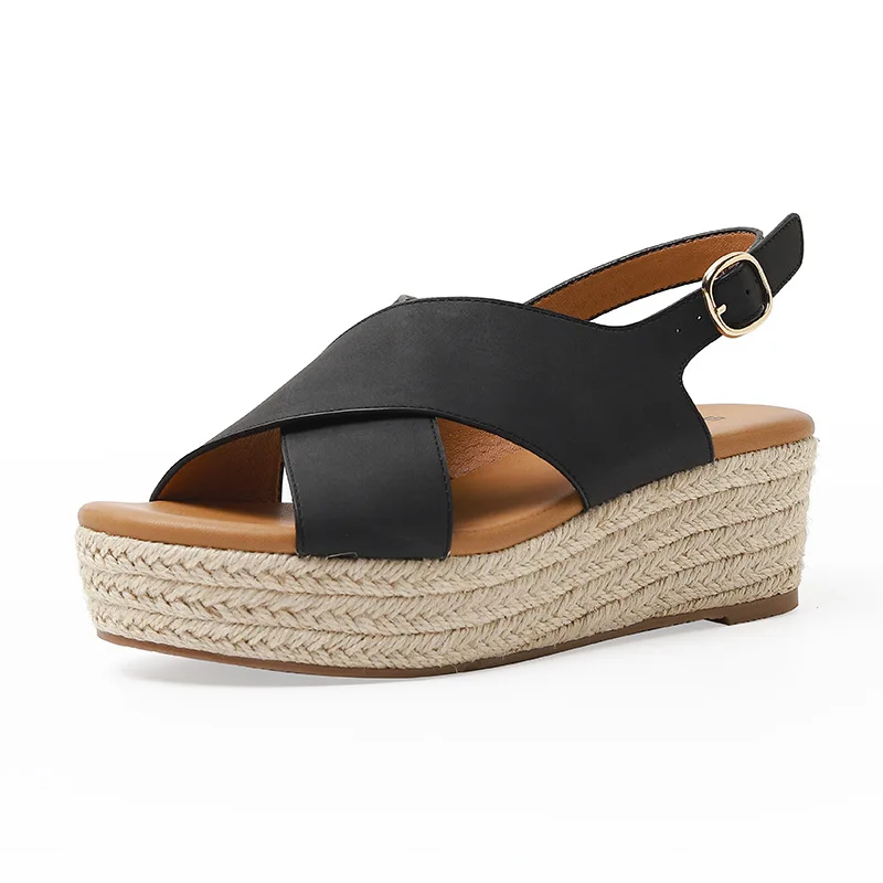 Fashion Crossover Wedge Heel Braided Hemp Rope Daily Comfort Platform Casual Sandals For Female