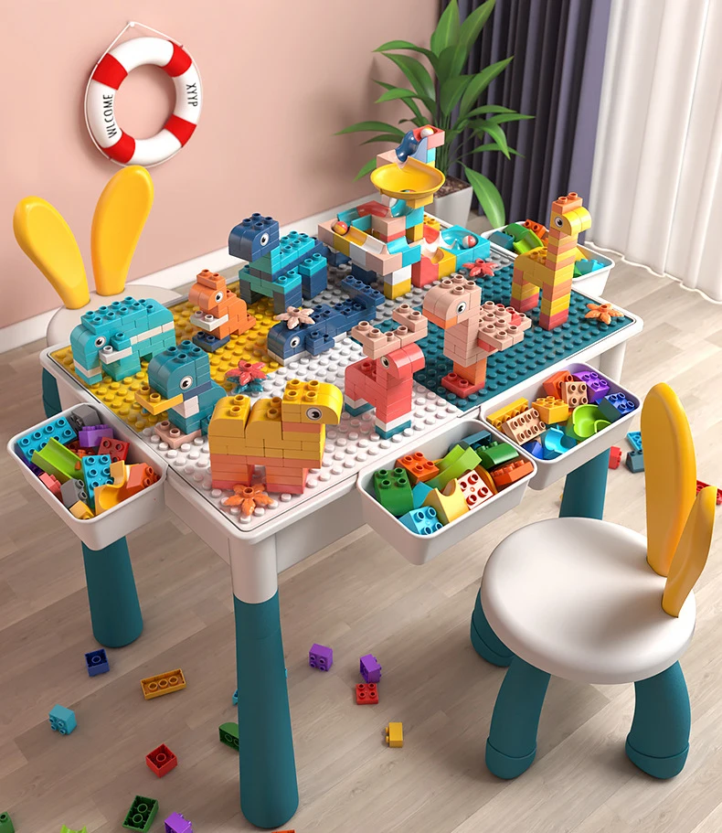 Multi function Kids DIY Plastic Building Blocks Desk Learning Playing Table