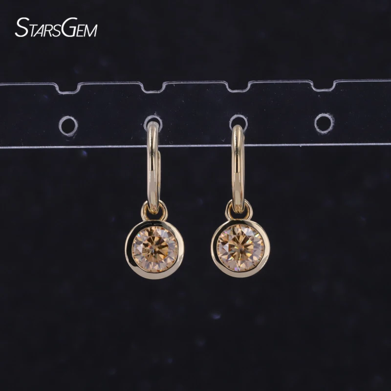 9K Solid Yellow Gold with 5.5mm Round Brilliant Cut Champagne Color Moissanite Diamond Drop Hoop Earrings