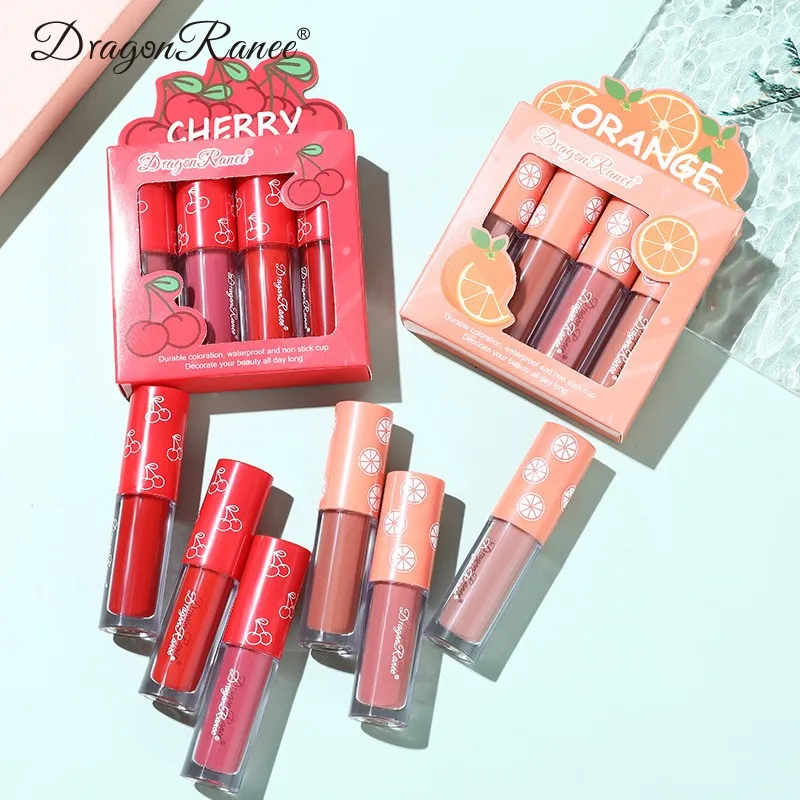 Mini  2.5g*4pcs Velvet matte lip gloss set fruit makeup lip gloss four mini set 4Pcs in a box lipstick