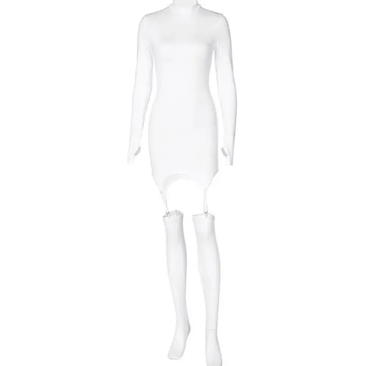 Hanging Tights Set Long sleeve Bodycon Dress Stockings suit Solid Color Club Dresses Mini Vestido Sexy Short Tight Mini Dress