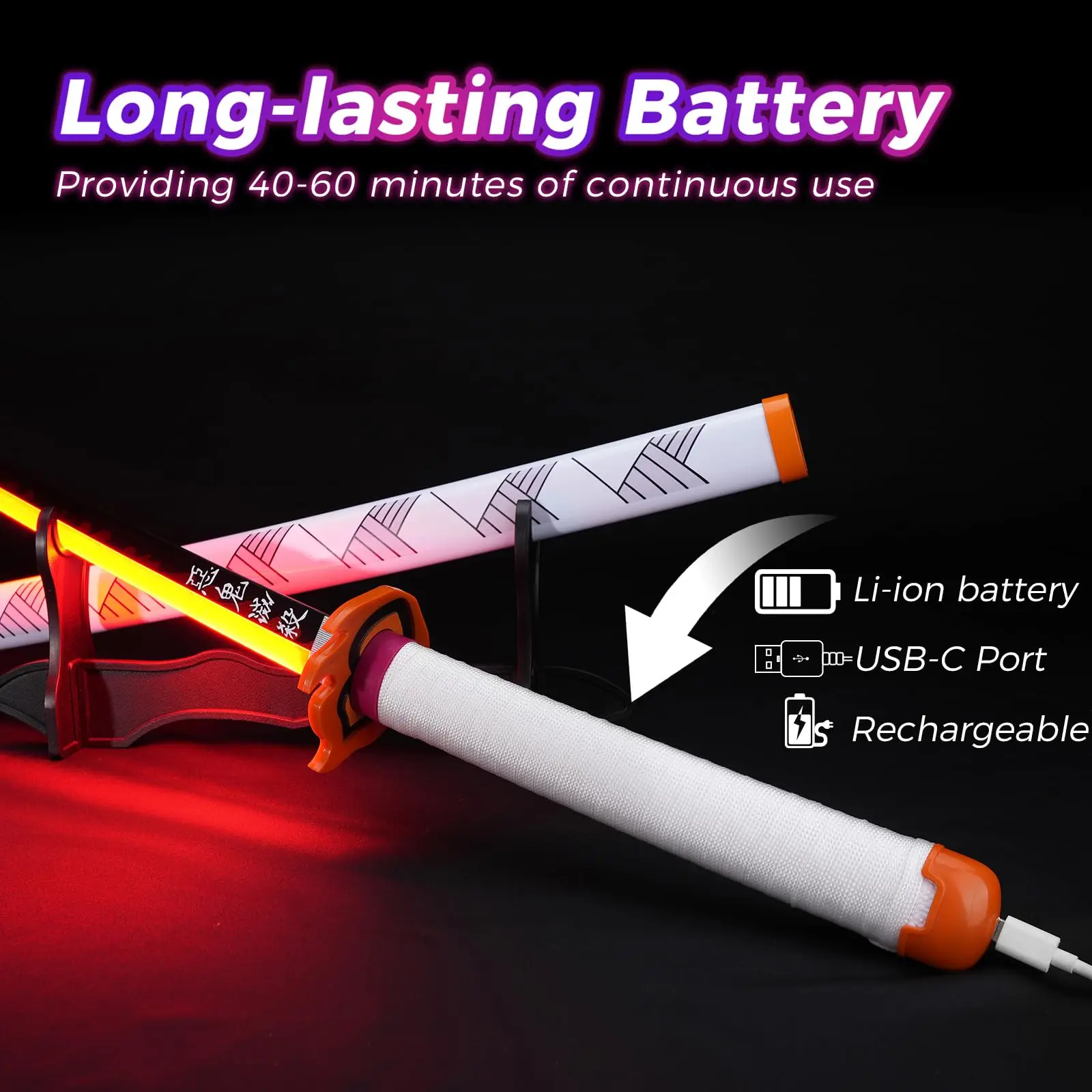 Light Up Rechargeable Demon Slayer LED Luminous Sword 104cm Wooden Sword Costume Play Samurai Anime Sword Products