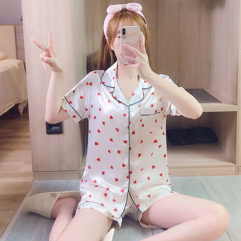 
High Quality Night Dress Trouser Shirt Silk Pajamas Satin Sweet Love Printed Two Piece Set Women Sleepwear Clothing 