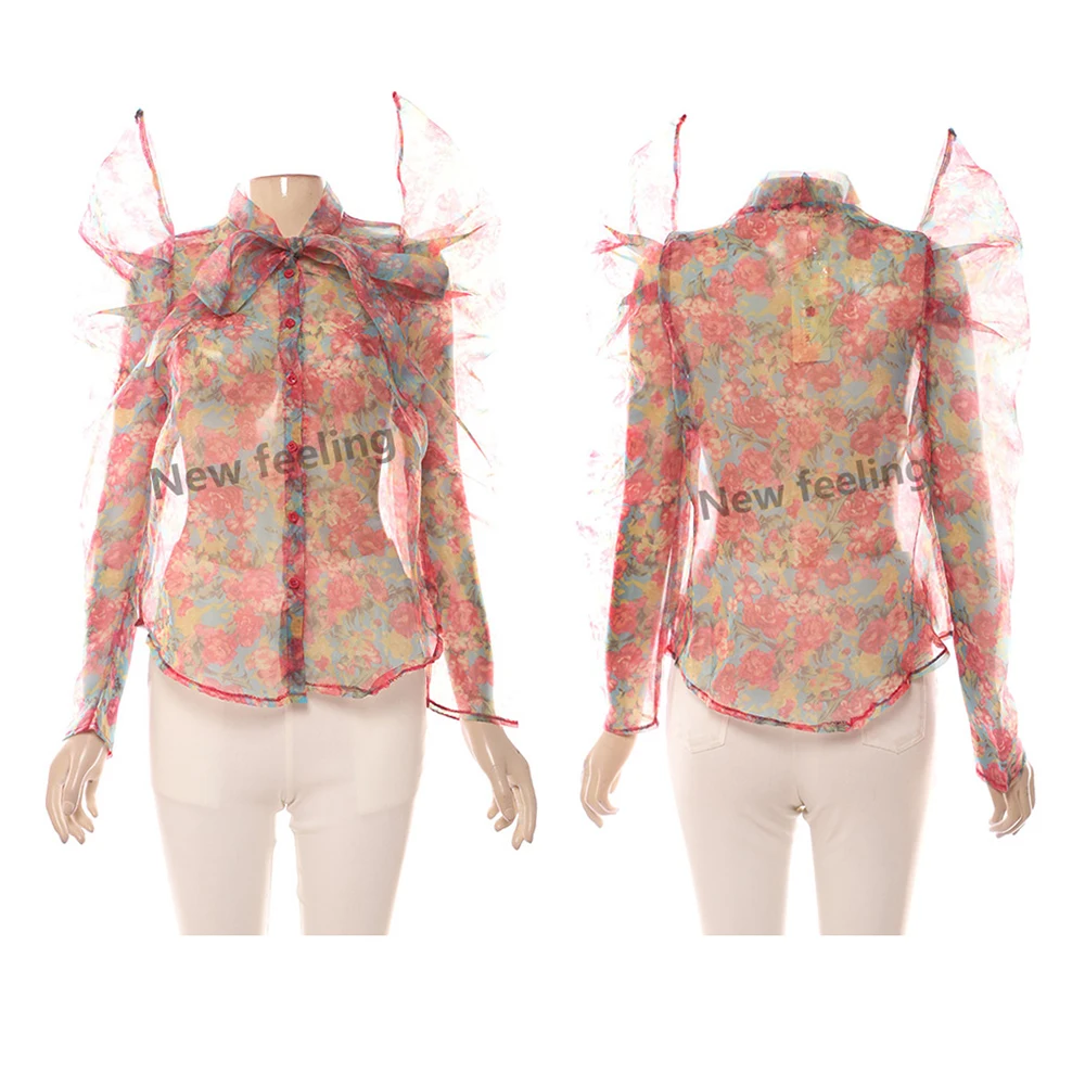 2020 Organza New Blouse Butterfly Puff Sleeve Blouse Sexy See through Fashion Lady Blouse